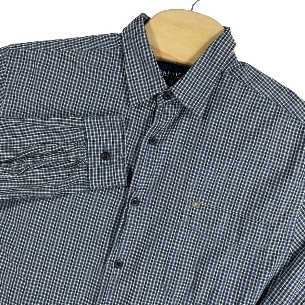 Nautica Jeans Company Button Down Mens Large Blue White Gingham Long Sleeve